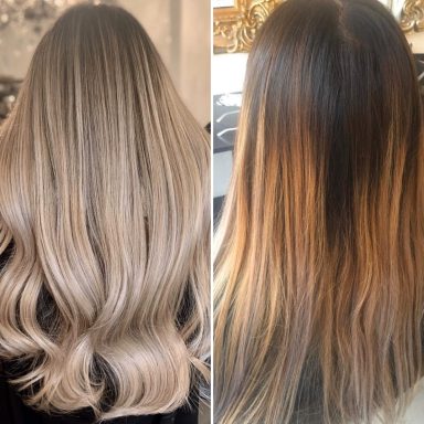 Before and after color correction hairstyle transformation showing long, wavy, light-colored hair.