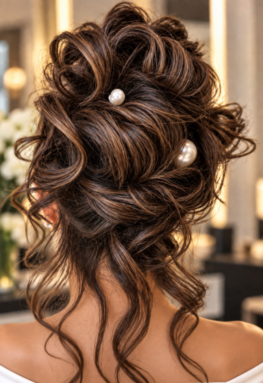 Romantic Bridal Updo Elegant bridal updo with soft curls and decorative hair pins.