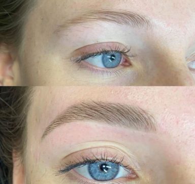 Close-up of woman's eye before and after eyebrow shaping, showcasing blue eyes and defined brows.