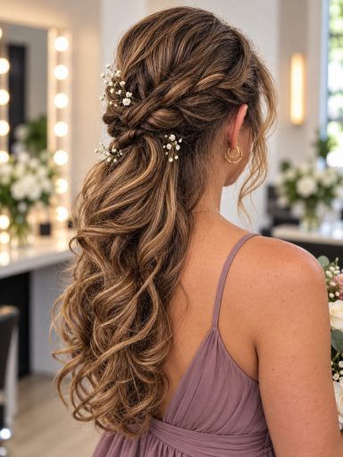 Romantic Special Event Hairstyle Romantic textured updo with a long, softly curled ponytail.