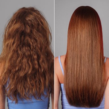 Comparison of frizzy brown hair on the left and sleek, straight brown hair on the right.