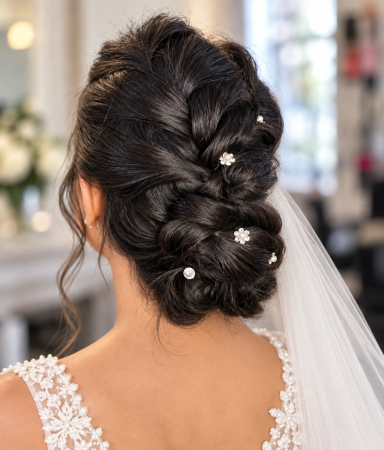 Bridal Updo Hairstyle Elegant bridal updo with decorative hair pins.